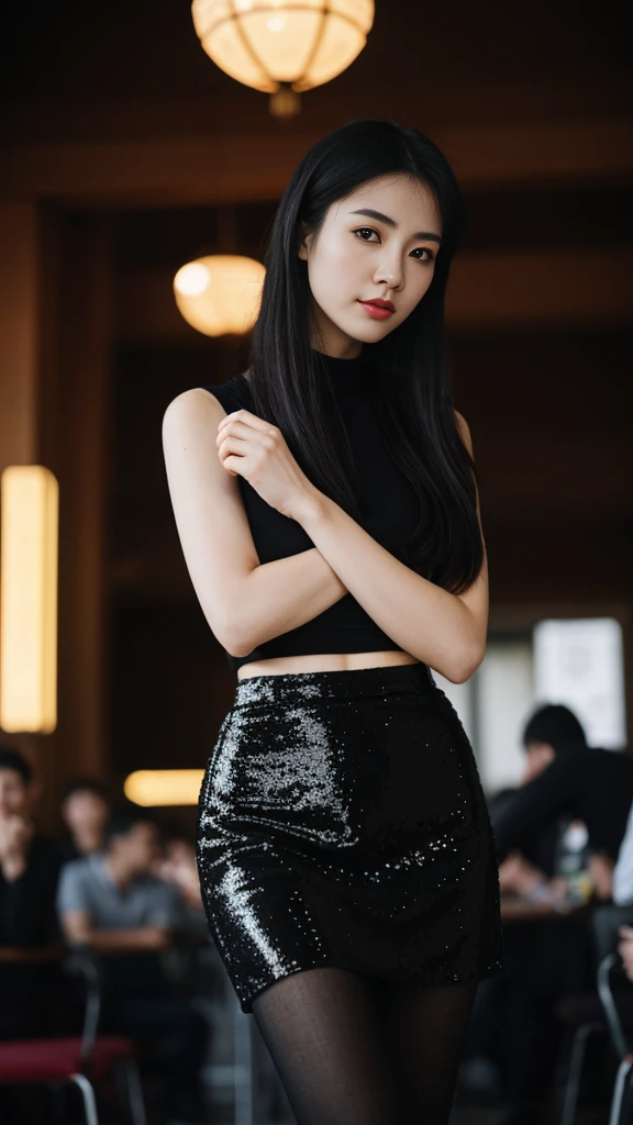 a Chinese woman with beautiful Delicate eyes, Beautiful and delicate lips, Extremely detailed face and skin, Pale skin, 23 years old,Sexy,black sequined skirt, skirt, high heels, medium long shot, dancing in the dance hall, beautiful lights, sexy figure, long legs, full body portrait. Beautiful photography,Long eyelashes, Good anatomy , Practical skin texture, Delicate eyes, professional, 4K, Wide-angle lens, Optical Depth of Field, Kodak Vision Color, Perfectly proportioned body, Extremely detailed, ultra-photoPractical, Practical, Post-Processing, Maximum details, Roughness, real life, ultra -Practical, Photorealism, photography, 8k Ultra HD, photography
