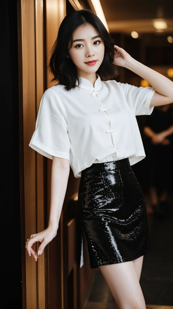 a Chinese woman with beautiful Delicate eyes, Beautiful and delicate lips, Extremely detailed face and skin, Pale skin, 23 years old,Sexy,black sequined skirt, skirt, high heels, medium long shot, dancing in the dance hall, beautiful lights, sexy figure, long legs, full body portrait. Beautiful photography,Long eyelashes, Good anatomy , Practical skin texture, Delicate eyes, professional, 4K, Wide-angle lens, Optical Depth of Field, Kodak Vision Color, Perfectly proportioned body, Extremely detailed, ultra-photoPractical, Practical, Post-Processing, Maximum details, Roughness, real life, ultra -Practical, Photorealism, photography, 8k Ultra HD, photography