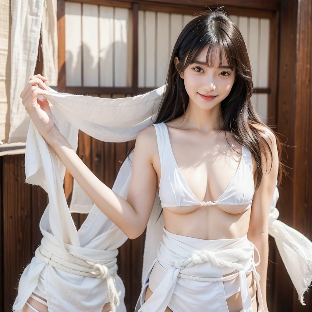 日本people、１people、The most beautiful woman、smile、Shyness、clear、Shiny black hair、Photo Style、length, bangs、light makeup、Standard face、(((Wearing a white Etchu loincloth)))、((Light clothing:0.5))、(She is hiding her breasts by wrapping a cloth around her chest.)、Summer festival、(((Showing off your loincloth))), 32k, Raw photo、Highest quality