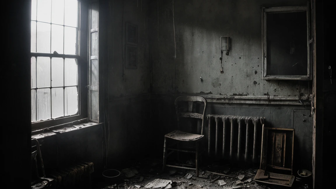 a dark and dirty room, barred window, realistic, hyper detailed, high resolution, photorealistic, cinematic lighting, dramatic chiaroscuro, gritty, moody, grunge, dust motes, cobwebs, peeling paint, dramatic shadows, warm color palette, natural lighting, intricate details, imperfections, worn textures, atmospheric, melancholy, abandoned, decrepit