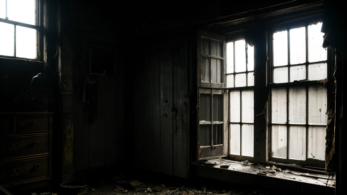 a dark and dirty room, barred window, realistic, hyper detailed, high resolution, photorealistic, cinematic lighting, dramatic chiaroscuro, gritty, moody, grunge, dust motes, cobwebs, peeling paint, dramatic shadows, warm color palette, natural lighting, intricate details, imperfections, worn textures, atmospheric, melancholy, abandoned, decrepit