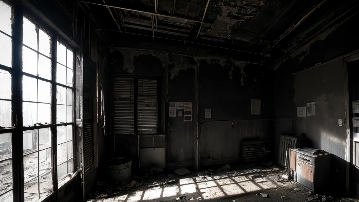 a dark and dirty room, barred window, realistic, hyper detailed, high resolution, photorealistic, cinematic lighting, dramatic chiaroscuro, gritty, moody, grunge, dust motes, cobwebs, peeling paint, dramatic shadows, warm color palette, natural lighting, intricate details, imperfections, worn textures, atmospheric, melancholy, abandoned, decrepit