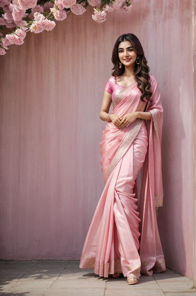 a woman in a pink sari smiles while holding her hands out, fanart, doing an elegant pose, dressed in a pink dress, pretty face!!, maya ali, candid picture, wearing a pink ballroom gown, with an elegant smile, wearing pink floral gown, with a cool pose, * colour splash *, side pose, cute woman, satin, traditional beauty