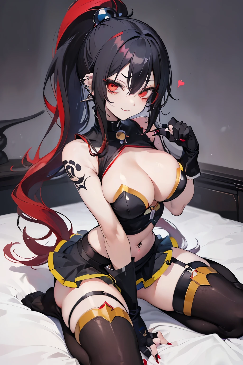 (Konosuba art style:1.2), (female), (black hair), (red hair highlights:1.2), (pigtails:1.1), (cute delicate face), (short skirt:1.1), (emo fashion:1.2), (lip piercings:1.1), (bedroom), (slender figure:1.1), (annoyed face), (emo makeup:1.1), (stockings:1.2), (black lipstick:1.2), full body view, (pale skin), (thin lips:1.1), (smiling shyly), (round breasts), (bubble butt), (wide hips:1.1), (slim waist:1.1), (thick thighs:1.1), (detailed face and eyes:1.2), (long gloves:1.3), (spreading legs), (cute fang:1.1), (body piercings:1.2), (full body tattoos:1.3), (perfect tattoos and piercing), (detailed background), (perfect nails), (detailed hand and finger:1.2), (medium breasts:1.2), (busty), (deep cleavage:1.2), (labia outline:1.3), (hard teat:1.3).