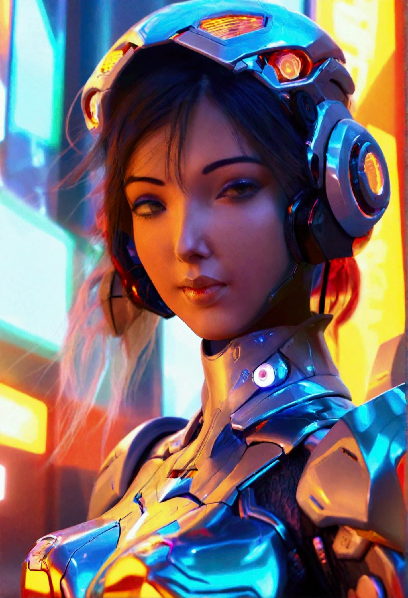 a cute woman, sexy skin-tight bodysuit, cybernetic data-ports, neon chrome color scheme, future tokyo, posing next to a matching cyber super mecha, masterpiece, best quality, 8k, hyperrealistic, extremely detailed, cinematic lighting, volumetric fog, dramatic atmosphere, intricate details, photorealistic, digital art, concept art, sci-fi, cyberpunk
