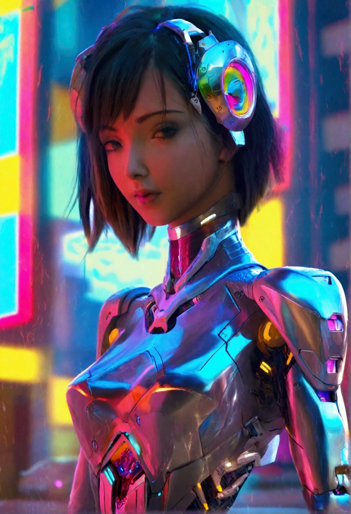 a cute woman, sexy skin-tight bodysuit, cybernetic data-ports, neon chrome color scheme, future tokyo, posing next to a matching cyber super mecha, masterpiece, best quality, 8k, hyperrealistic, extremely detailed, cinematic lighting, volumetric fog, dramatic atmosphere, intricate details, photorealistic, digital art, concept art, sci-fi, cyberpunk