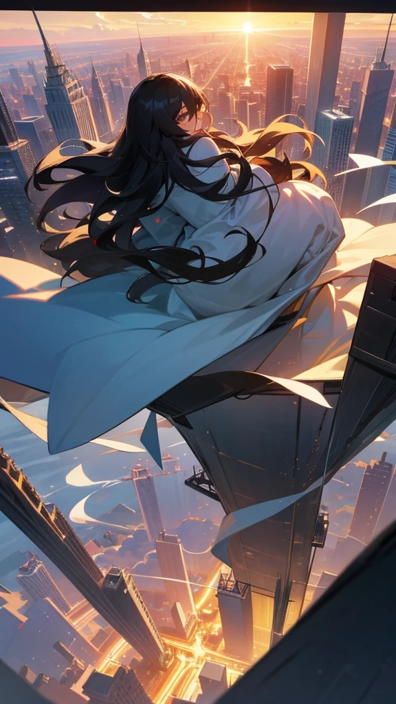 “A high-resolution, dynamic landscape scene from a bird’s-eye view, featuring a long-haired black-haired beauty sitting on the rooftop of a skyscraper, looking down. Her hair floats in the wind, and she is seen from behind. The scene captures a cityscape with tall buildings, under a vast sky with clouds and a sunset. The image should have detailed, movie-like lighting and colors.”