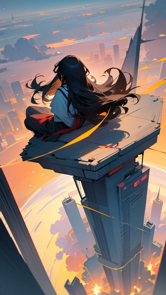 “A high-resolution, dynamic landscape scene from a bird’s-eye view, featuring a long-haired black-haired beauty sitting on the rooftop of a skyscraper, looking down. Her hair floats in the wind, and she is seen from behind. The scene captures a cityscape with tall buildings, under a vast sky with clouds and a sunset. The image should have detailed, movie-like lighting and colors.”
