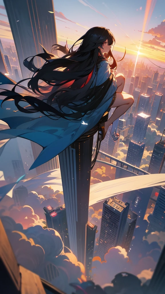 “A high-resolution, dynamic landscape scene from a bird’s-eye view, featuring a long-haired black-haired beauty sitting on the rooftop of a skyscraper, looking down. Her hair floats in the wind, and she is seen from behind. The scene captures a cityscape with tall buildings, under a vast sky with clouds and a sunset. The image should have detailed, movie-like lighting and colors.”