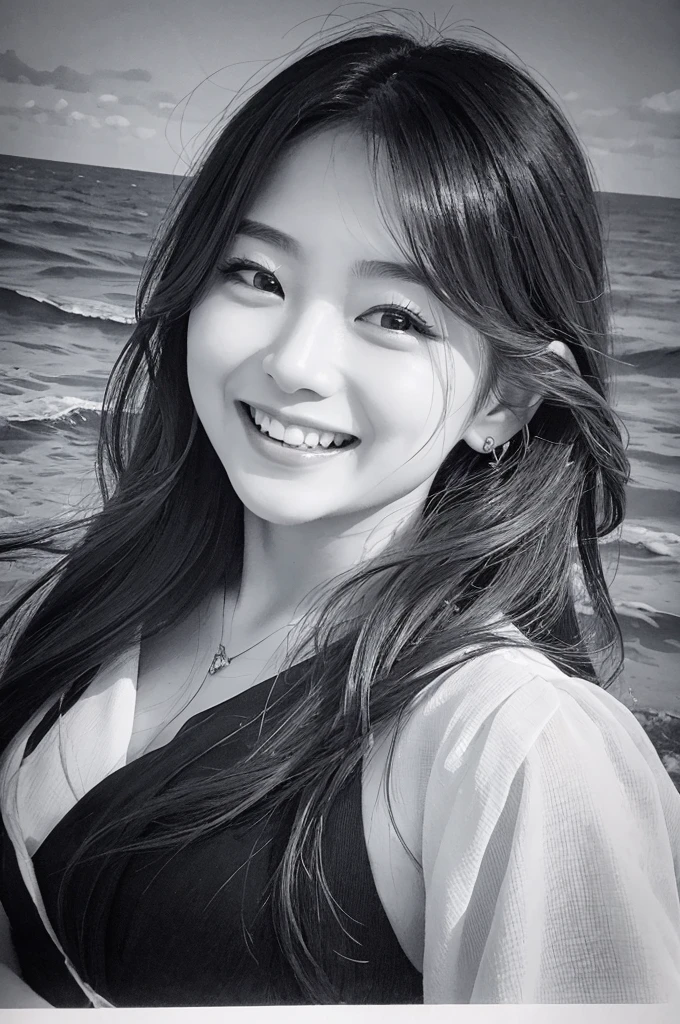 (Highest quality, masterpiece:1.2),alone,Beautiful face in a black dress, Long Hair Girl, Very delicate and beautiful scenery,real,Monochrome,sketch,Traditional Media,Pencil drawing, In the sea、laughing loudly and with emotion, with big teeth and dimpled eyes