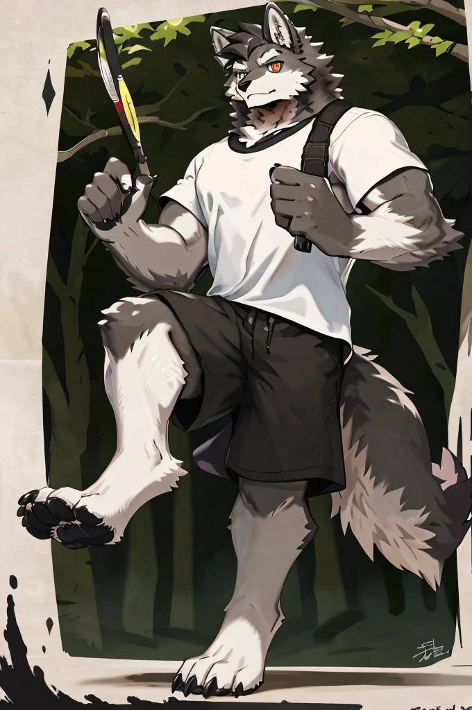 (Strong arms),(Strong legs),masterpiece, best quality, Official Art, Extremely detailed CG unified 8k wallpaper, Ultra Detailed, Best Illustration, , Ink fur, hairy male, Wolf Boy, hairy, Ink fur, 1 Boy,, male focus,, Striped hair, Wolf ears, Animal ears, Single speaker, Ink fur, Bangs, dark hair, White highlights, Medium Hair, Solitary, Ink tail,hairy尾巴,(Black pupil),High target,(campus),barefoot,(Sexy),((High target and strong)),side,(Delicate eyes:1.2),Inky eyes,male,Solitary,(Inky pupils),(Detailed face),(Sharp eyes),Permanent,(Detailed hands),(Foot details),aldult,type,Moderate,Long legs,(Detailed fingers),(Delicate eyes),(White shirt),(Black shorts),easy,Carrying a badminton racket bag