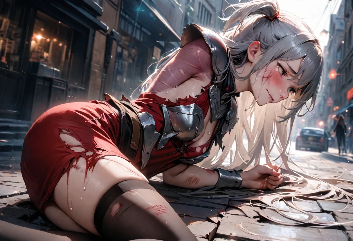 (best quality), (masterpiece), very aesthetic, absurdres, high res, all detailed, realistic, 1girl, (two side up), long hair, silver hair, (red pencil Dress, one side shoulders armor with Cape, red pencil miniskirt), medium cleavage, Gauntlet, boots, [black thigh-highs], [white panties], (injury skin, scar skin, bleeding skin, torn clothes:1.1), Broken Armor, BREAK (spiderweb, cobweb restrained, spiderweb bound limbs:1.2), zettai ryouiki, kneeling, (closed eyes), cry, tears, sigh, blush, sweat, (outdoors, prison), cinematic lighting, diffraction spikes, 