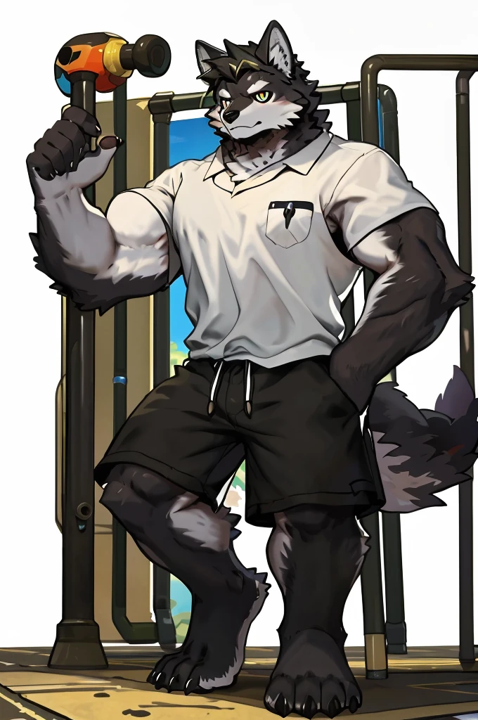 (Strong arms),(Strong legs),masterpiece, best quality, Official Art, Extremely detailed CG unified 8k wallpaper, Ultra Detailed, Best Illustration, , Ink fur, hairy male, Wolf Boy, hairy, Ink fur, 1 Boy,, male focus,, Striped hair, Wolf ears, Animal ears, Single speaker, Ink fur, Bangs, dark hair, White highlights, Medium Hair, Solitary, Ink tail,hairy尾巴,(Black pupil),High target,(In a school playground),,barefoot,(Sexy),((High target and strong)),side,(Delicate eyes:1.2),Inky eyes,male,Solitary,(Inky pupils),(Detailed face),(Sharp eyes),Permanent,(Detailed hands),(Foot details),aldult,type,Moderate,Long legs,(Detailed fingers),(Delicate eyes),(White shirt),(Black shorts),easy,