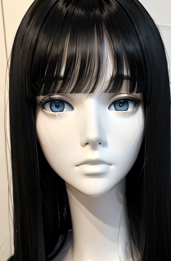 Pure white mannequin(Female, 34 years old, Long black hair,Straight Hair, Bangs, thin and long face, Fair skin, He's stroking a sausage attached to an old monitor., Wearing a navy blue T-shirt)