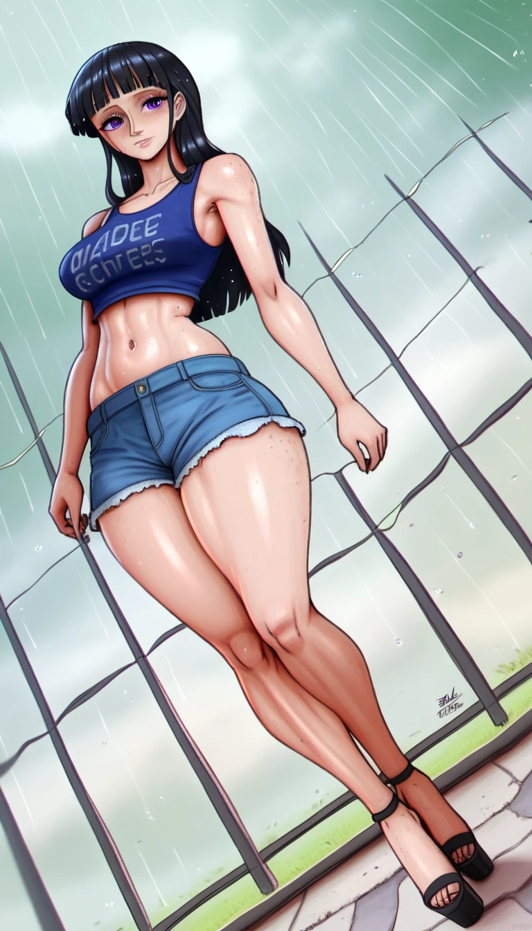 (masterpiece, best quality:1.2), Nico Robin, lowcut rorn crop-top, purple eyes, 1girl, short shorts, thick thighs, platform high heels, dirt road, countryside, masterpiece, best quality, absurdres, highres, 4k, ray tracing, perfect face, perfect eyes, intricate details, highly detailed, (best quality:1.33), (masterpiece:1.42),(semi realistic:1.3), (detailed:1.15),(skin details), Dappled Light, analog style (look at viewer), (skin texture), (realistic texture skin), cinematic light, side lighting, ultra high res, best shadow, RAW, (Dutch angle:1.1), lightroom, cinematic, hdr, raw, (intricate:1.4), high quality, soothing tones, intricate details, extremely high quality RAW photograph, detailed background, intricate, Exquisite details and textures, highly detailed, ultra detailed photograph, warm lighting, 4k, sharp focus, high resolution, detailed skin, detailed eyes, 8k uhd, dslr, high quality, film grain, Fujifilm XT3, 
 Rainy Day: The diffused light and wet surfaces on a rainy day can create a moody and atmospheric environment, perfect for capturing reflections and street photography.,