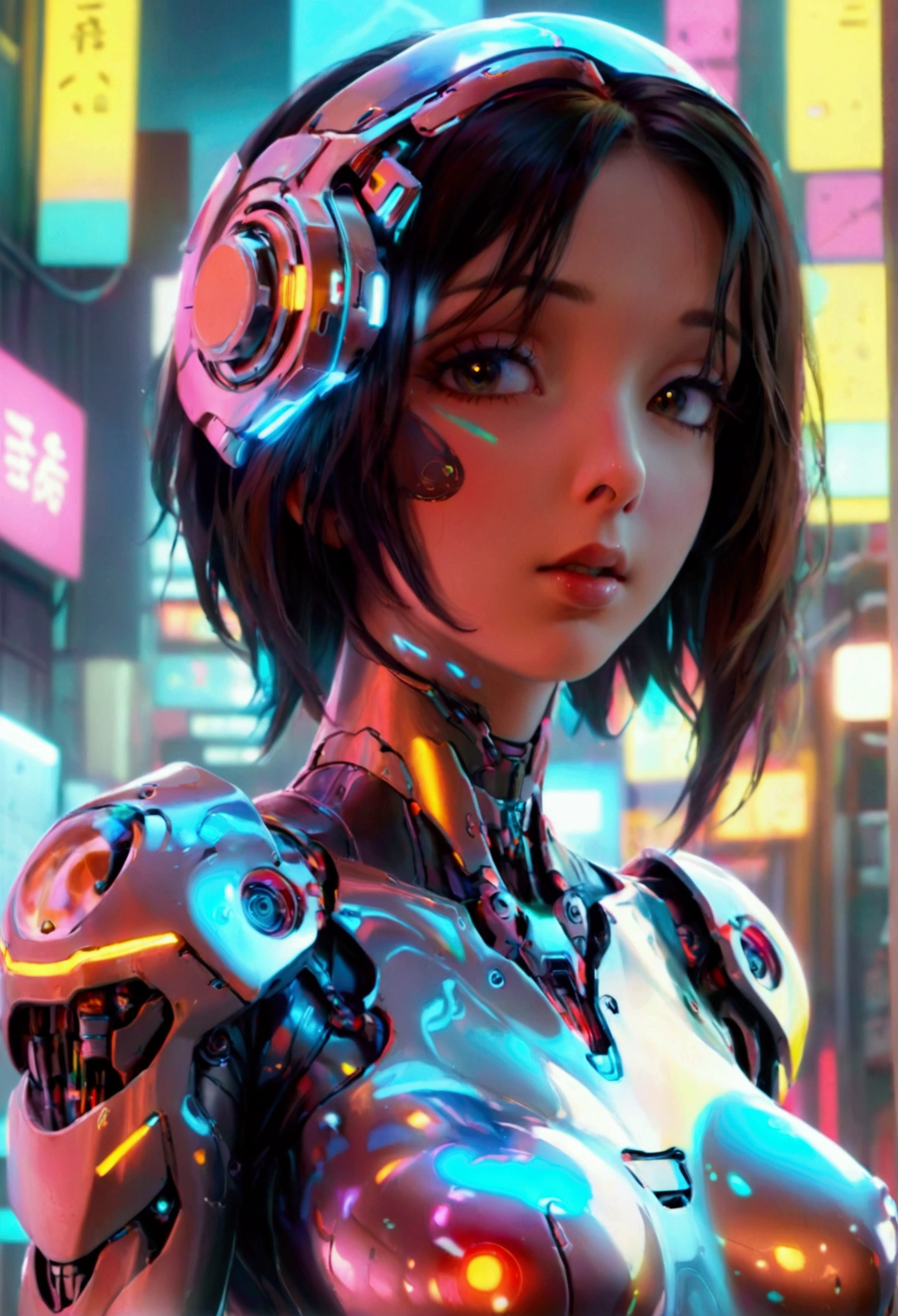 a cute woman, sexy skin-tight bodysuit, cybernetic data-ports, neon chrome color scheme, future tokyo, posing next to a matching cyber super mecha, masterpiece, best quality, 8k, hyperrealistic, extremely detailed, cinematic lighting, volumetric fog, dramatic atmosphere, intricate details, photorealistic, digital art, concept art, sci-fi, cyberpunk
