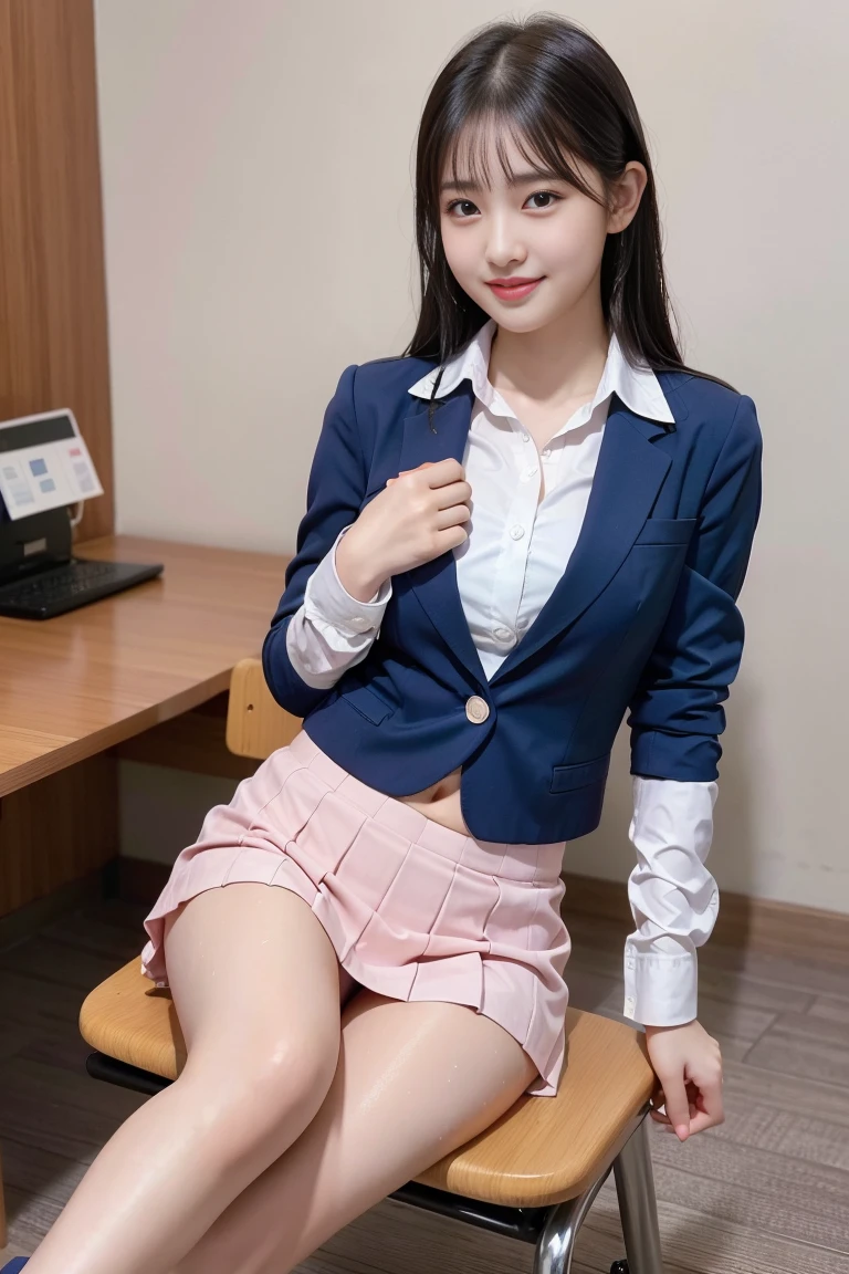 (8k), (highest quality: 1.2), (Realistic), (Realistic: 1.37), Ultra-high resolution, 1 girl, cute, Shiny skin,Blushing,smile, Mouth closed, Beautiful details, Beautiful Nose, whole body, Wet Hair, Giant Dulcefo, pork,Navel exposed,University Student Uniform,A simple blazer,Pleated skirt,Sit on a chair, shiny legs