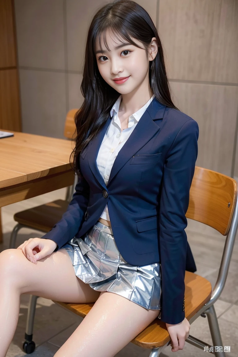 (8k), (highest quality: 1.2), (Realistic), (Realistic: 1.37), Ultra-high resolution, 1 girl, cute, Shiny skin,Blushing,smile, Mouth closed, Beautiful details, Beautiful Nose, whole body, Wet Hair, Giant Dulcefo, pork,Navel exposed,University Student Uniform,A simple blazer,Pleated skirt,Sit on a chair, shiny legs