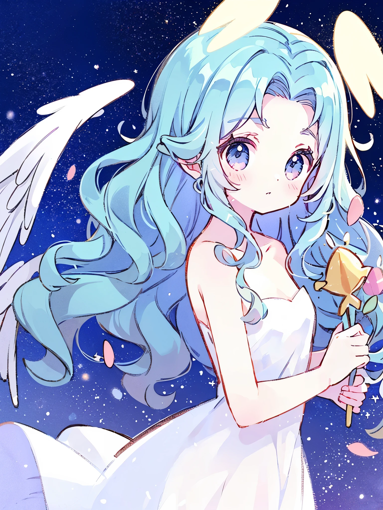 nude angel girl wearing an ethereal translucent dress, pale skin, ((blue mint wavy hair)), white feathers, angel wings, sparkling detailed eyes, golden ratio face, perfect composition, highly detailed, ethereal, (starry night sky background), midjourney style