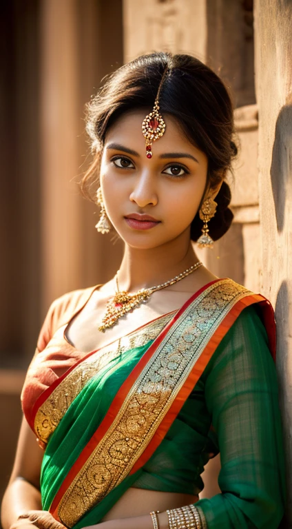 A beautiful young Indian woman, intricate sari dress, delicate facial features, piercing eyes, elegant pose, natural lighting, photorealistic, 8K, high resolution, realistic, cinematic, warm color tones, dramatic lighting, fashion portrait