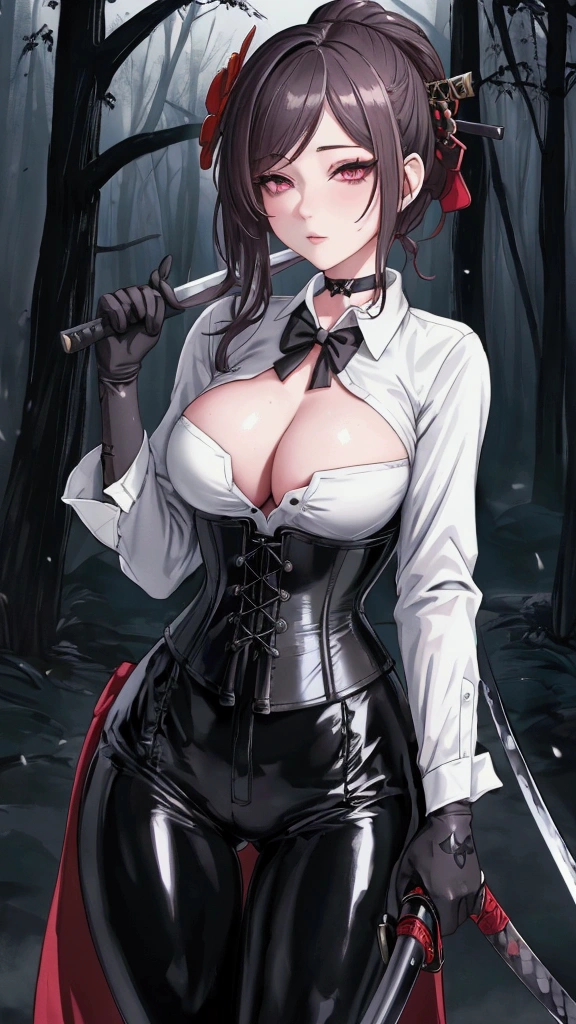 Masterpiece, Beautiful art, professional artist, 8k, Very detailed face, Detailed clothing, detailed fabric, 1 girl, Chiori \(genshin impact\), View from the front, standing, pose sexy, BIG BREASTS, perfectly drawn body, shy expression, pale skin, beautiful face, 4k eyes, very detailed eyes, pink cheeks, choker:1.6, (white long sleeve button down shirt with white collar), black gloves, gloves that cover hands, (holds a katana with his right hand), (black leather corset), (shiny black leggings), Sensual Lips, show details in the eyes, dark forest, Atmosphere, fog, At night