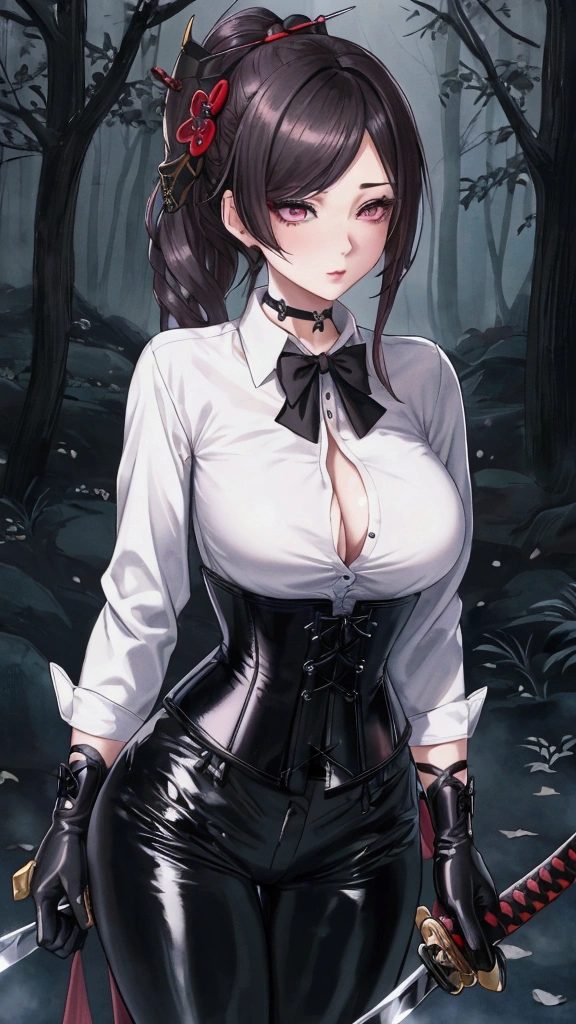 Masterpiece, Beautiful art, professional artist, 8k, Very detailed face, Detailed clothing, detailed fabric, 1 girl, Chiori \(genshin impact\),  View from the front, standing, pose sexy, BIG BREASTS, perfectly drawn body, shy expression, pale skin, beautiful face, 4k eyes, very detailed eyes, pink cheeks, choker:1.6, (white long sleeve button down shirt with white collar), black gloves, gloves that cover hands, (holds a katana with his right hand), (black leather corset), (shiny black leggings), Sensual Lips, show details in the eyes, dark forest, Atmosphere, fog, At night