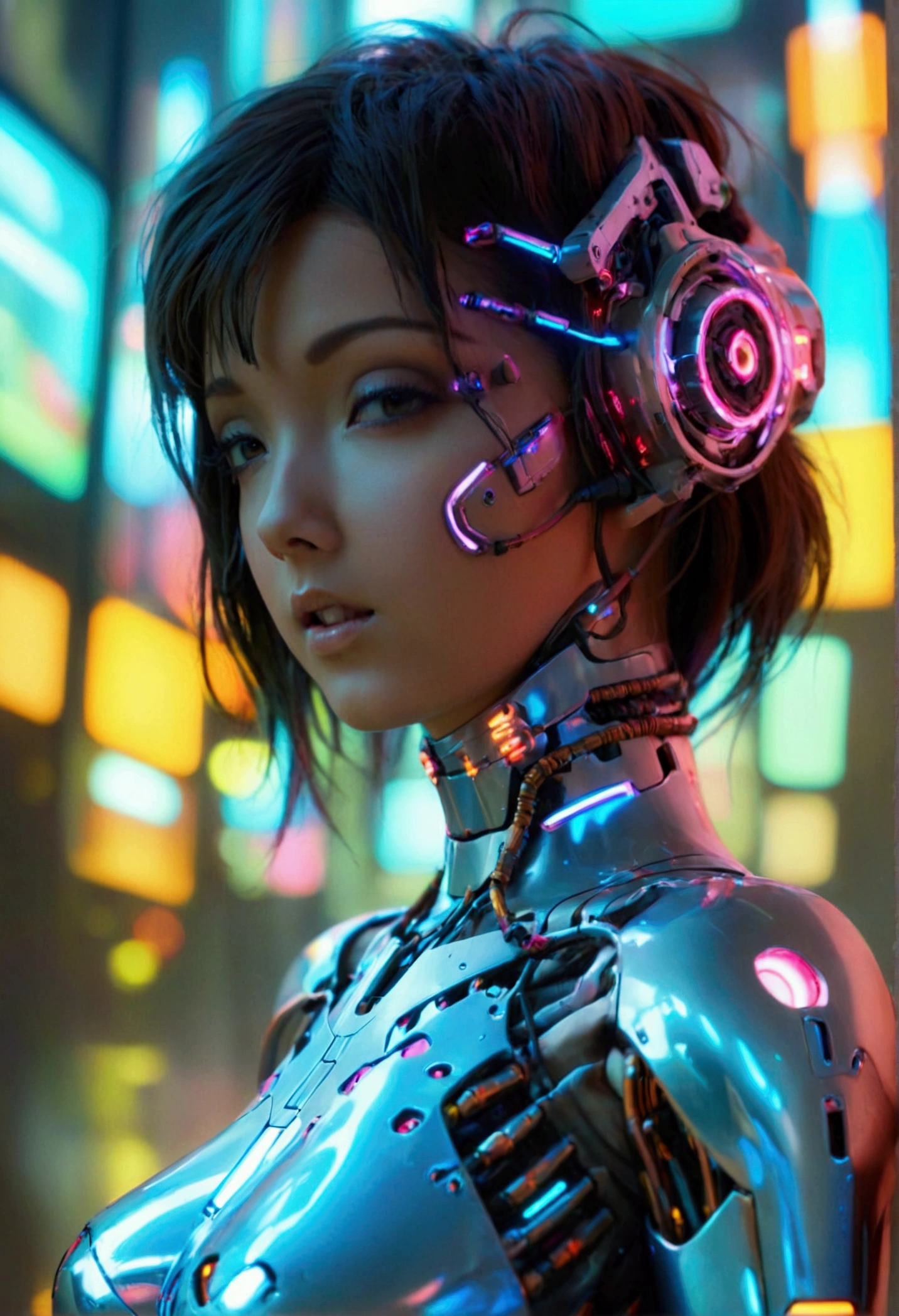 a cute woman, sexy skin-tight bodysuit, cybernetic data-ports, neon chrome color scheme, future tokyo, posing next to a matching cyber super mecha, masterpiece, best quality, 8k, hyperrealistic, extremely detailed, cinematic lighting, volumetric fog, dramatic atmosphere, intricate details, photorealistic, digital art, concept art, sci-fi, cyberpunk