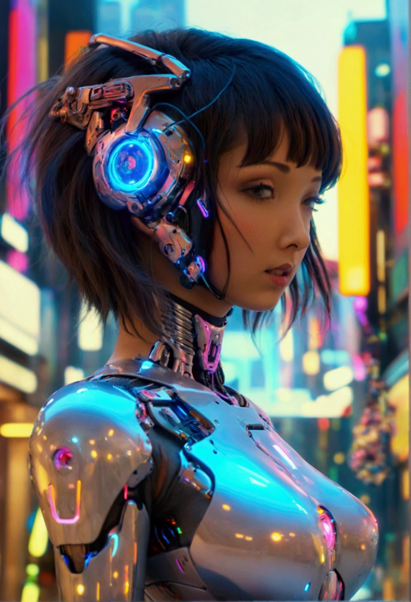 a cute woman, sexy skin-tight bodysuit, cybernetic data-ports, neon chrome color scheme, future tokyo, posing next to a matching cyber super mecha, masterpiece, best quality, 8k, hyperrealistic, extremely detailed, cinematic lighting, volumetric fog, dramatic atmosphere, intricate details, photorealistic, digital art, concept art, sci-fi, cyberpunk