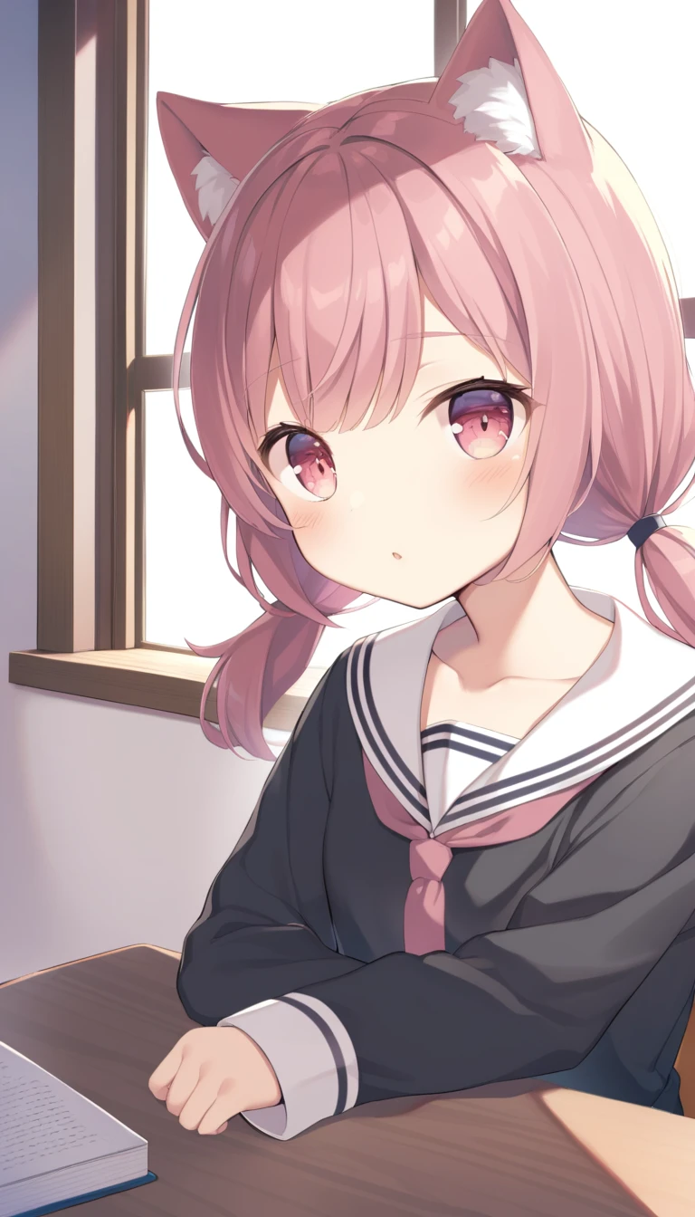 1Men, , short hair, Low Twintails, fuzzy twintails, Right-colored hair, cat ears, fluffy animal ears, pink eyes, classroom, window, book, table,chair, dawn, Portrait, upper body,children&#39;s toys