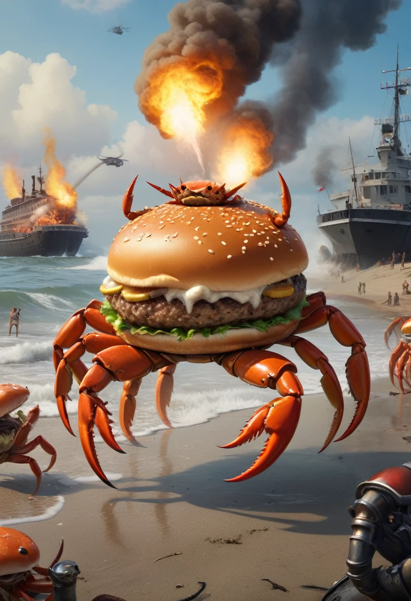 (High resolution, Realistic),Hamburg Crab Corps，With modern weapons,Every burger club has crab legs，Crab claws，The body is a hamburger，Burger Monster, tentacles wrapped around burgers,Anthropomorphic hamburger，Stroll through the Hamburg Crab Corps，Dress up like a burger club，Absurd，Ridiculous，Spend time at the beach，Epic fantasy art，epic surreal art style，Dynamic action poses,Background full of smoke and flames,Shiny Metal Gun,Sharp focus,Gritty atmosphere,Powerful battle scene,Detailed bullet casing and explosion,Vibrant colors, Strong lighting,Combining horror and action genres,Close-up of squad member&#39;s burger club,The frenzy of fierce battle,Artistic lighting effects,Suspenseful atmosphere,Expressive facial features,Creepy and threatening appearance,Detailed Hamburger Club,Emphasise the strength and prowess of the legion,The true nature of weapons and equipment,Add a sci-fi twist to your scenes.