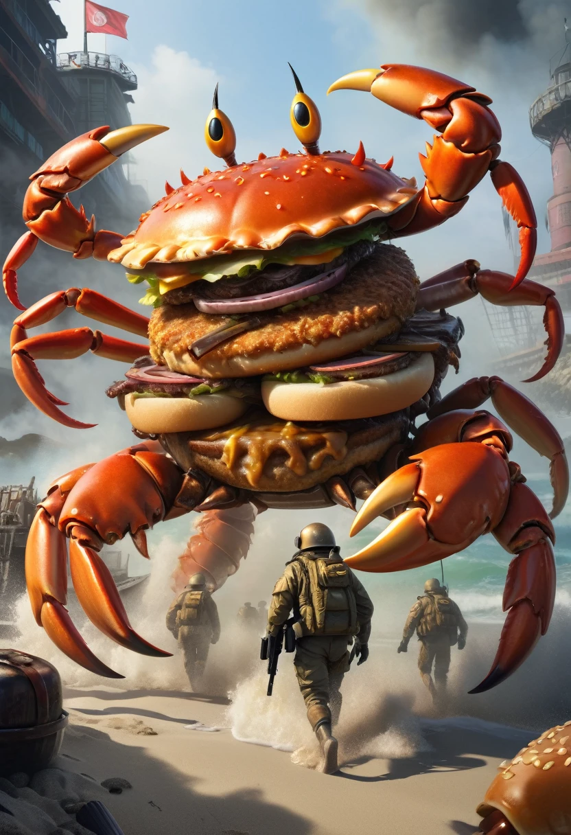(High resolution, Realistic),Hamburg Crab Corps，With modern weapons,Every burger club has crab legs，Crab claws，The body is a hamburger，Burger Monster, tentacles wrapped around burgers,Anthropomorphic hamburger，Stroll through the Hamburg Crab Corps，Dress up like a burger club，Absurd，Ridiculous，Spend time at the beach，Epic fantasy art，epic surreal art style，Dynamic action poses,Background full of smoke and flames,Shiny Metal Gun,Sharp focus,Gritty atmosphere,Powerful battle scene,Detailed bullet casing and explosion,Vibrant colors, Strong lighting,Combining horror and action genres,Close-up of squad member&#39;s burger club,The frenzy of fierce battle,Artistic lighting effects,Suspenseful atmosphere,Expressive facial features,Creepy and threatening appearance,Detailed Hamburger Club,Emphasise the strength and prowess of the legion,The true nature of weapons and equipment,Add a sci-fi twist to your scenes.
