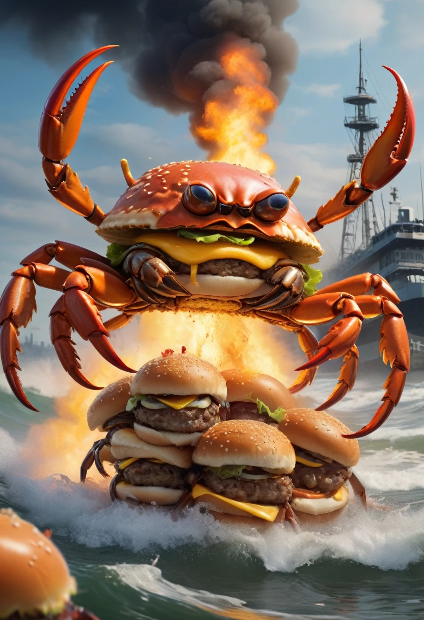 (High resolution, Realistic),Hamburg Crab Corps，With modern weapons,Every burger club has crab legs，Crab claws，The body is a hamburger，Burger Monster, tentacles wrapped around burgers,Anthropomorphic hamburger，Stroll through the Hamburg Crab Corps，Dress up like a burger club，Absurd，Ridiculous，Spend time at the beach，Epic fantasy art，epic surreal art style，Dynamic action poses,Background full of smoke and flames,Shiny Metal Gun,Sharp focus,Gritty atmosphere,Powerful battle scene,Detailed bullet casing and explosion,Vibrant colors, Strong lighting,Combining horror and action genres,Close-up of squad member&#39;s burger club,The frenzy of fierce battle,Artistic lighting effects,Suspenseful atmosphere,Expressive facial features,Creepy and threatening appearance,Detailed Hamburger Club,Emphasise the strength and prowess of the legion,The true nature of weapons and equipment,Add a sci-fi twist to your scenes.
