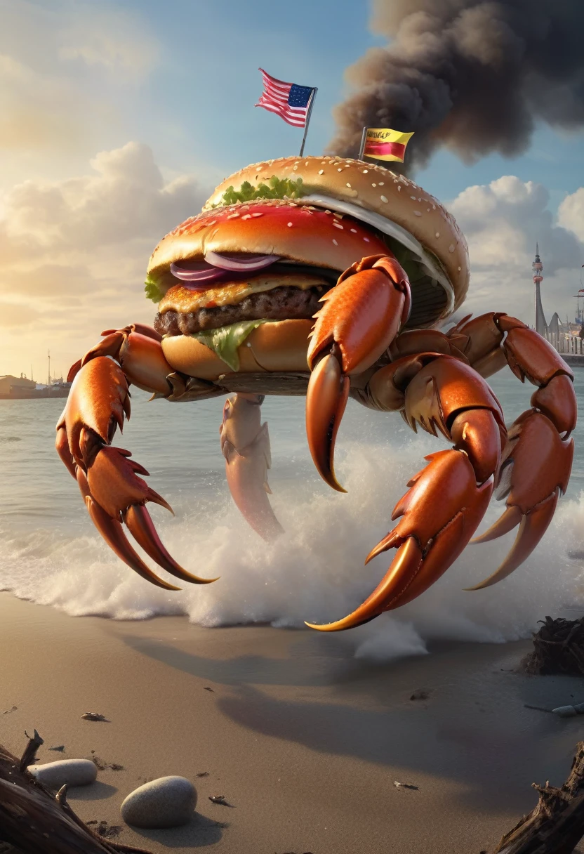 (High resolution, Realistic),Hamburg Crab Corps，With modern weapons,Every burger club has crab legs，Crab claws，The body is a hamburger，Burger Monster, tentacles wrapped around burgers,Anthropomorphic hamburger，Stroll through the Hamburg Crab Corps，Dress up like a burger club，Absurd，Ridiculous，Spend time at the beach，Epic fantasy art，epic surreal art style，Dynamic action poses,Background full of smoke and flames,Shiny Metal Gun,Sharp focus,Gritty atmosphere,Powerful battle scene,Detailed bullet casing and explosion,Vibrant colors, Strong lighting,Combining horror and action genres,Close-up of squad member&#39;s burger club,The frenzy of fierce battle,Artistic lighting effects,Suspenseful atmosphere,Expressive facial features,Creepy and threatening appearance,Detailed Hamburger Club,Emphasise the strength and prowess of the legion,The true nature of weapons and equipment,Add a sci-fi twist to your scenes.