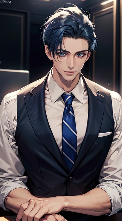 (Highest quality,4K,8K,High resolution,masterpiece:1.2),Super detailed,(Realistic,photoRealistic,photo-Realistic:1.37),1 person,31 years old,Mature Men,Beautiful skin, very handsome,Expressionless,smile in love,Short blue hair,blue eyes,Sharp Eyes,A perfect face without a doubt,Businessman, CEO,Office Background,Cinema Lighting,HDR image,tie、