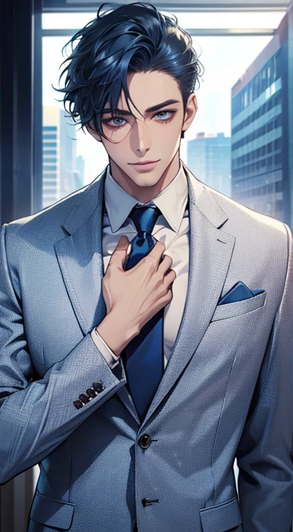 (Highest quality,4K,8K,High resolution,masterpiece:1.2),Super detailed,(Realistic,photoRealistic,photo-Realistic:1.37),1 person,31 years old,Mature Men,Beautiful skin, very handsome,Expressionless,smile in love,Short blue hair,blue eyes,Sharp Eyes,A perfect face without a doubt,Businessman, CEO,Office Background,Cinema Lighting,HDR image,tie、