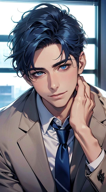(Highest quality,4K,8K,High resolution,masterpiece:1.2),Super detailed,(Realistic,photoRealistic,photo-Realistic:1.37),1 person,31 years old,Mature Men,Beautiful skin, very handsome,Expressionless,smile in love,Short blue hair,blue eyes,Sharp Eyes,A perfect face without a doubt,Businessman, CEO,Office Background,Cinema Lighting,HDR image,tie、
