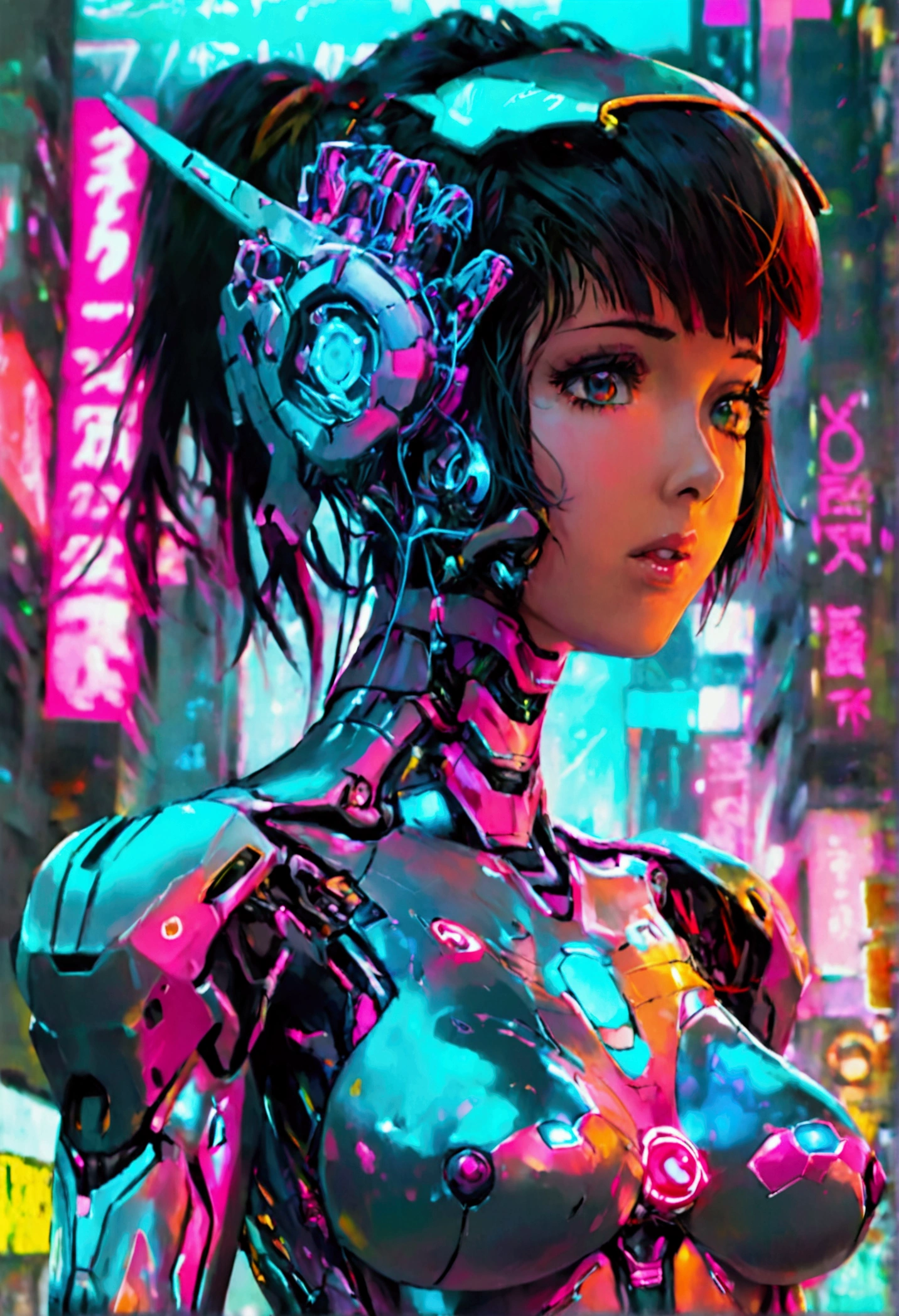 a cute woman, sexy skin-tight bodysuit, cybernetic data-ports, neon chrome color scheme, future tokyo, posing next to a matching cyber super mecha, masterpiece, best quality, 8k, hyperrealistic, extremely detailed, cinematic lighting, volumetric fog, dramatic atmosphere, intricate details, photorealistic, digital art, concept art, sci-fi, cyberpunk
