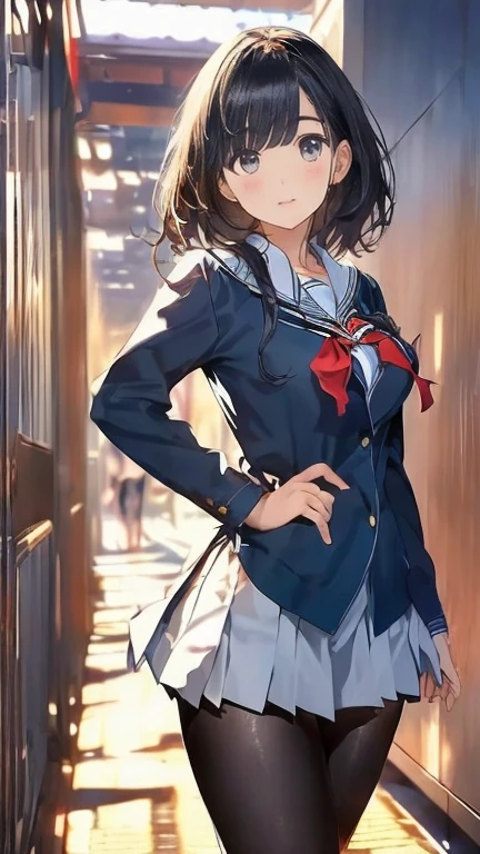 (Browsing Caution:1.3), ((Highest quality, masterpiece, 8K, High resolution, detailed)), ((A photo of a high school girl wearing see-through panties)), ((A high school girl standing with her legs open in black pantyhose)), Blazer uniform, The wind has blown her skirt up, exposing her underwear,  high school girl, Beautiful and firm breasts, Beautiful and distortion-free face, Young and cute gravure idol, Realistic young gravure idol, Young and thin gravure idol, Japanese Goddess, (Natural Side Lighting, Cinema Lighting), Written boundary depth, Looking at the audience, Front view, 1 Girl, Asian, ((Bob Hair)), Perfect Face, Cute symmetrical face, Pale skin, Shiny skin, Asymmetrical bangs, Big eyes, Droopy eyes, Long eyelashes, thin, Beautiful Hair, Beautiful Face, Beautiful and beautiful eyes, Beautiful clavicle, Beautiful body, Beautiful breasts, Beautiful thighs, Beautiful legs, Beautiful fingers, (Beautiful views), evening, Droopy eyes, 