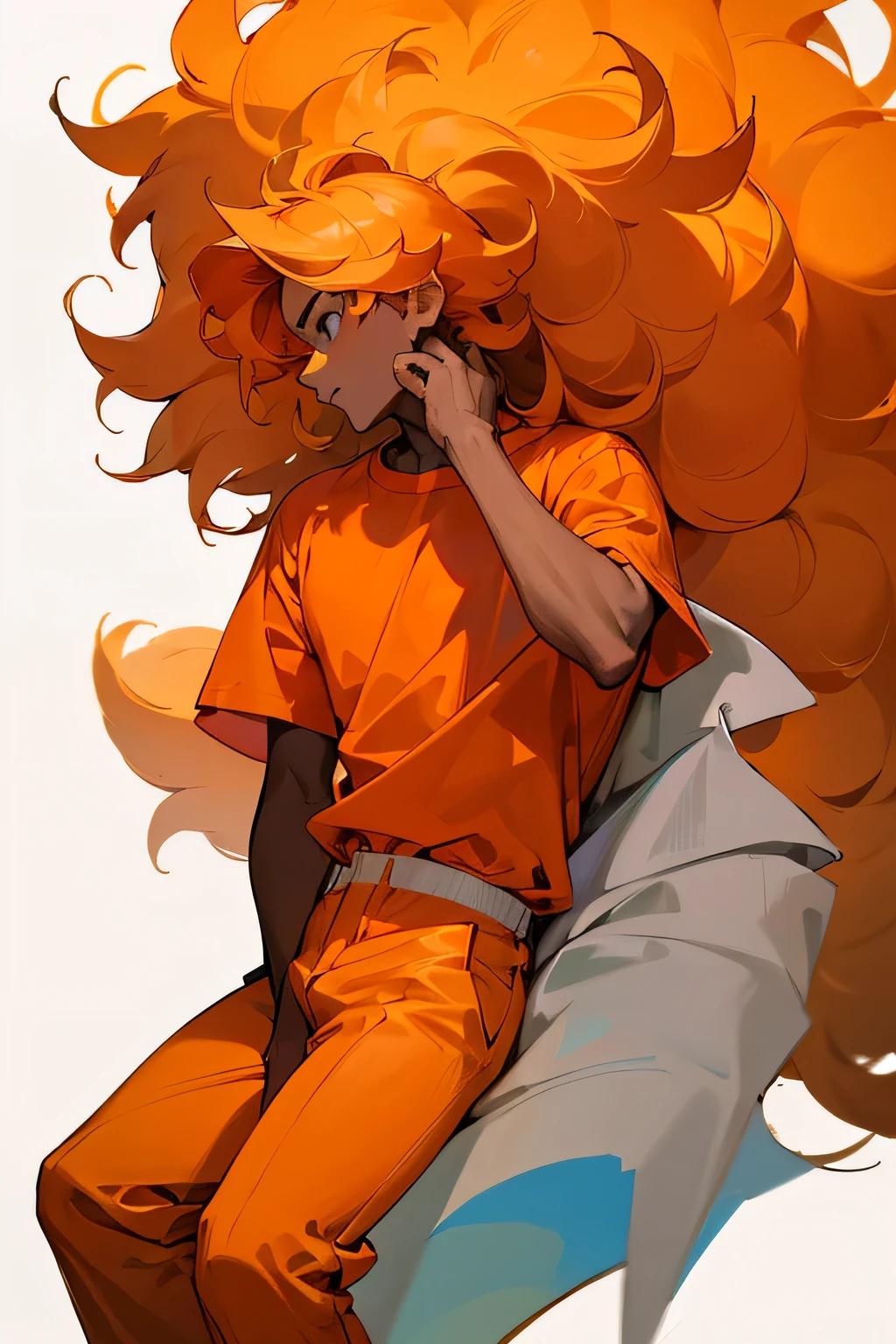 boy with big hair , offwhite , With orange shirt and pants  .  em on