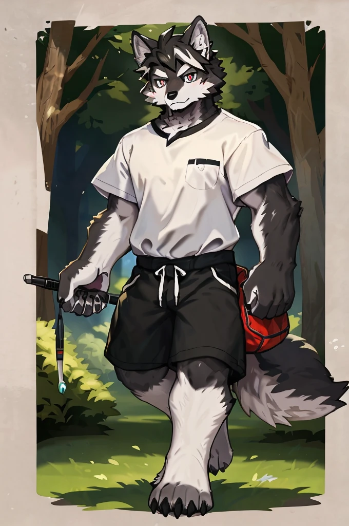 (Strong arms),(Strong legs),masterpiece, best quality, Official Art, Extremely detailed CG unified 8k wallpaper, Ultra Detailed, Best Illustration, , Ink fur, hairy male, Wolf Boy, hairy, Ink fur, 1 Boy,, male focus,, Striped hair, Wolf ears, Animal ears, Single speaker, Ink fur, Bangs, dark hair, White highlights, Medium Hair, Solitary, Ink tail,hairy尾巴,(Black pupil),High target,(campus),barefoot,(Sexy),((High target and strong)),side,(Delicate eyes:1.2),Inky eyes,male,Solitary,(Inky pupils),(Detailed face),(Sharp eyes),Permanent,(Detailed hands),(Foot details),aldult,type,Moderate,Long legs,(Detailed fingers),(Delicate eyes),(White shirt),(Black shorts),easy,Carrying a badminton racket bag