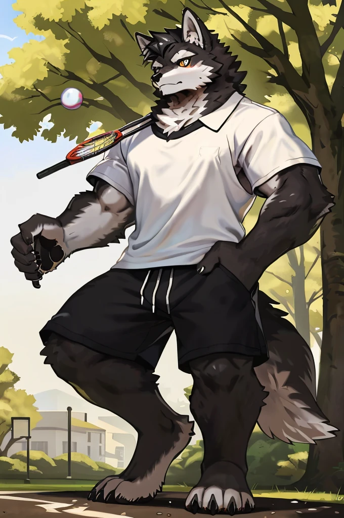 (Strong arms),(Strong legs),masterpiece, best quality, Official Art, Extremely detailed CG unified 8k wallpaper, Ultra Detailed, Best Illustration, , Ink fur, hairy male, Wolf Boy, hairy, Ink fur, 1 Boy,, male focus,, Striped hair, Wolf ears, Animal ears, Single speaker, Ink fur, Bangs, dark hair, White highlights, Medium Hair, Solitary, Ink tail,hairy尾巴,(Black pupil),High target,(campus),barefoot,(Sexy),((High target and strong)),side,(Delicate eyes:1.2),Inky eyes,male,Solitary,(Inky pupils),(Detailed face),(Sharp eyes),Permanent,(Detailed hands),(Foot details),aldult,type,Moderate,Long legs,(Detailed fingers),(Delicate eyes),(White shirt),(Black shorts),easy,Carrying a badminton racket bag