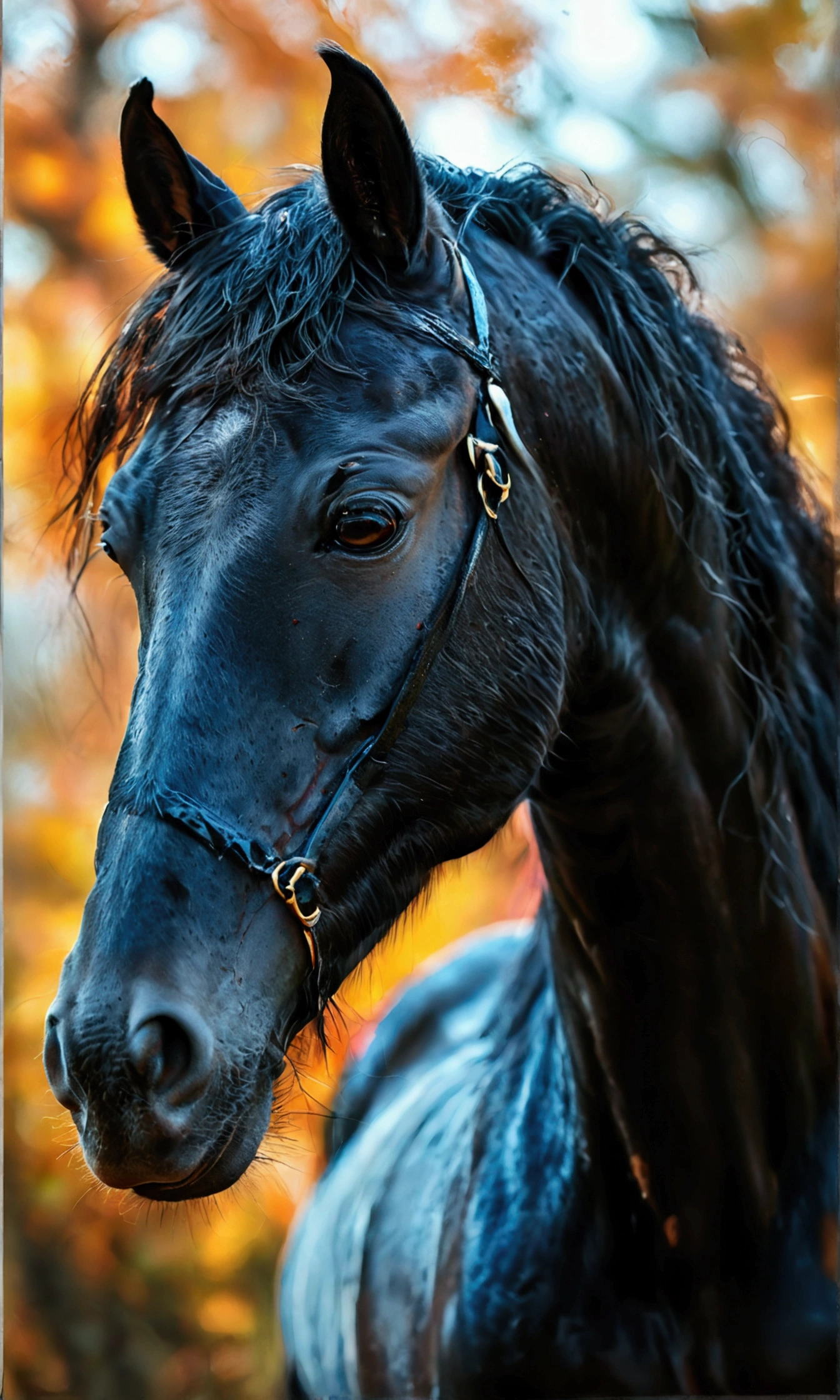 realistic detailed portrait of a black horse, smooth skin, silky hairs, (best quality,8k,highres,masterpiece:1.2),ultra-detailed,extremely detailed,photorealistic,physical based rendering,vivid colors,natural lighting,detailed texture,elegant pose,detailed facial features,detailed eyes,detailed nose,detailed mouth,detailed veins,detailed mane,studio lighting,depth of field,cinematic composition,dramatic shadows,intricate detail