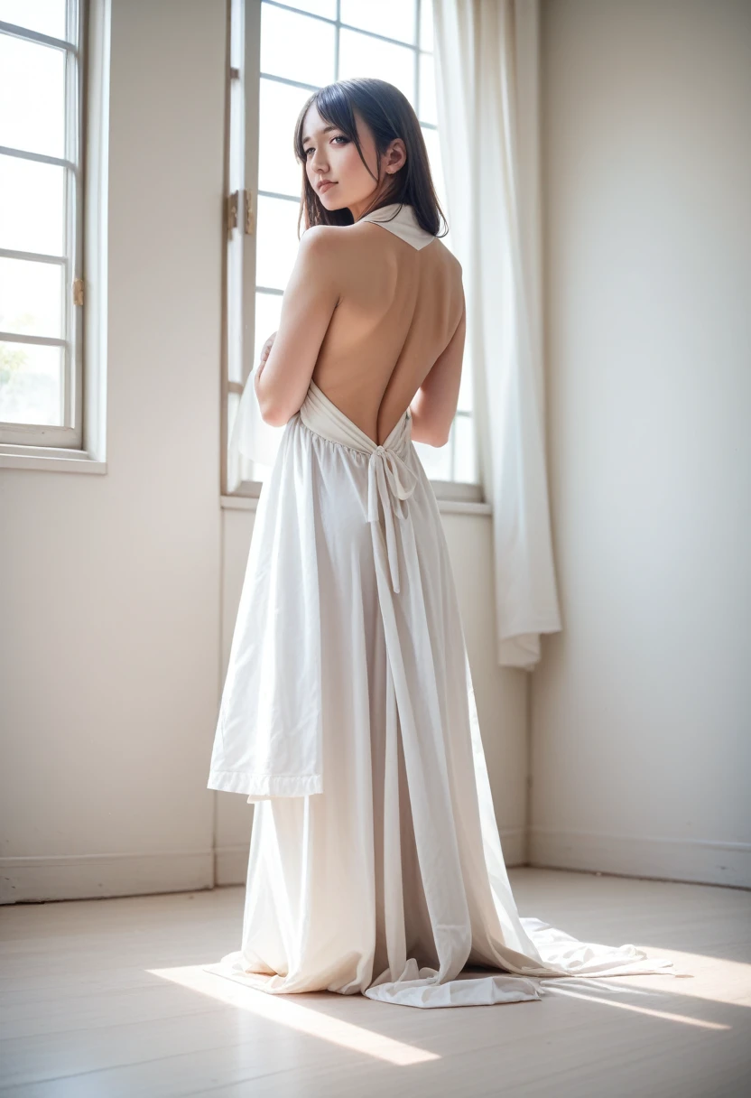 8k, raw photo, best quality, masterpiece, realistic, photo realistic, clear, professional lighting, beautiful face, best quality,ultra high res, realistic japanese beautiful, Super detailed, 1girl,full body, backless outfit