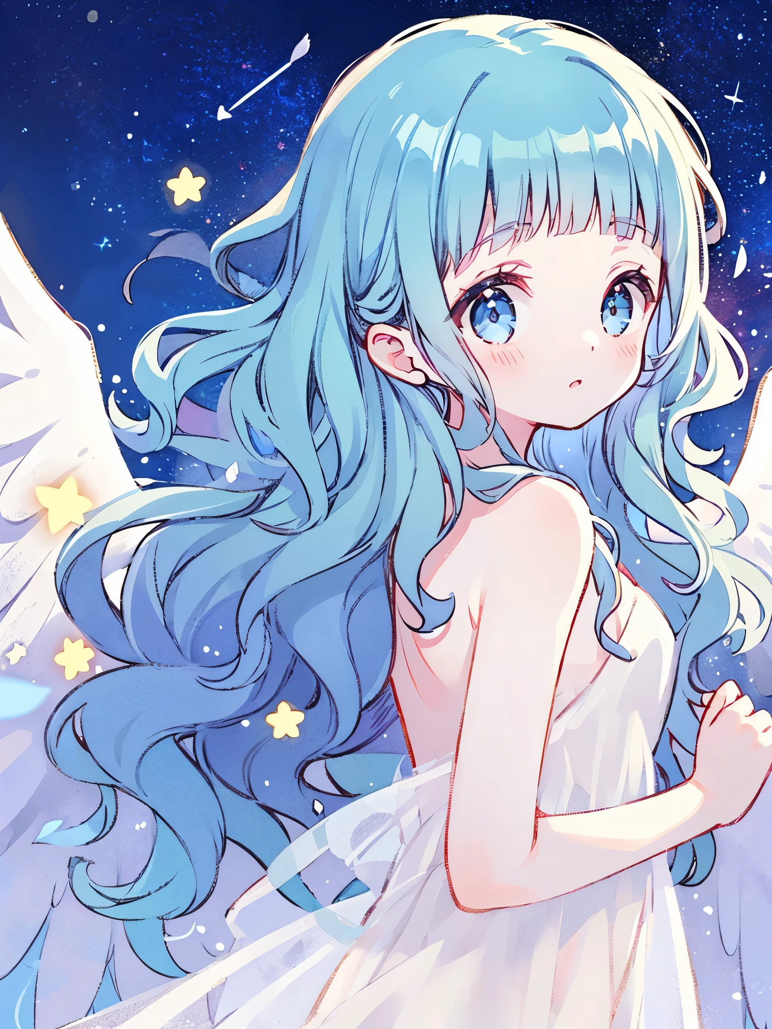 nude angel girl wearing an ethereal translucent dress, pale skin, ((blue mint wavy hair)), white feathers, angel wings, sparkling detailed eyes, golden ratio face, perfect composition, highly detailed, ethereal, (starry night sky background), midjourney style