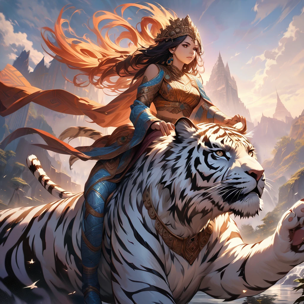 beautiful detailed Hindu goddess Dourga, riding on a fierce tiger, intricate detailed pattern on clothing, majestic tiger, detailed fur, 8k, digital painting, fantasy art, vibrant colors, dramatic lighting, cinematic composition, atmospheric environment, hyper realistic, photorealistic