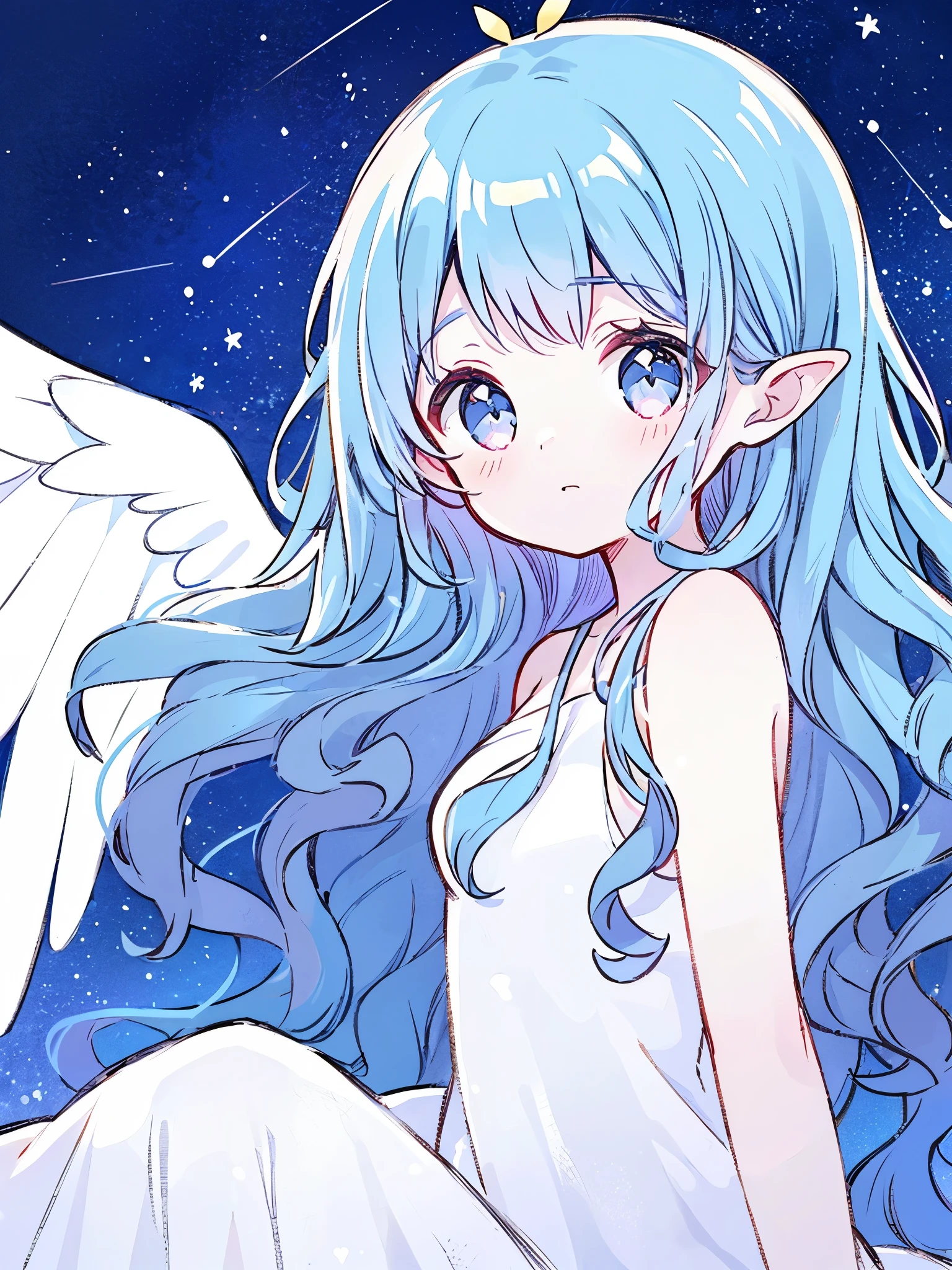 nude angel girl wearing an ethereal translucent dress, pale skin, ((blue mint wavy hair)), white feathers, angel wings, sparkling detailed eyes, golden ratio face, perfect composition, highly detailed, ethereal, (starry night sky background), midjourney style