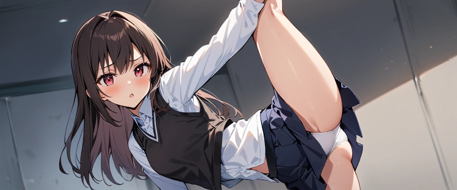 (masterpiece, best quality:1.2), 1girl, solo,standing_split, yuuki mikan, long hair，black sleeveless short vest，navy skirt white shirt