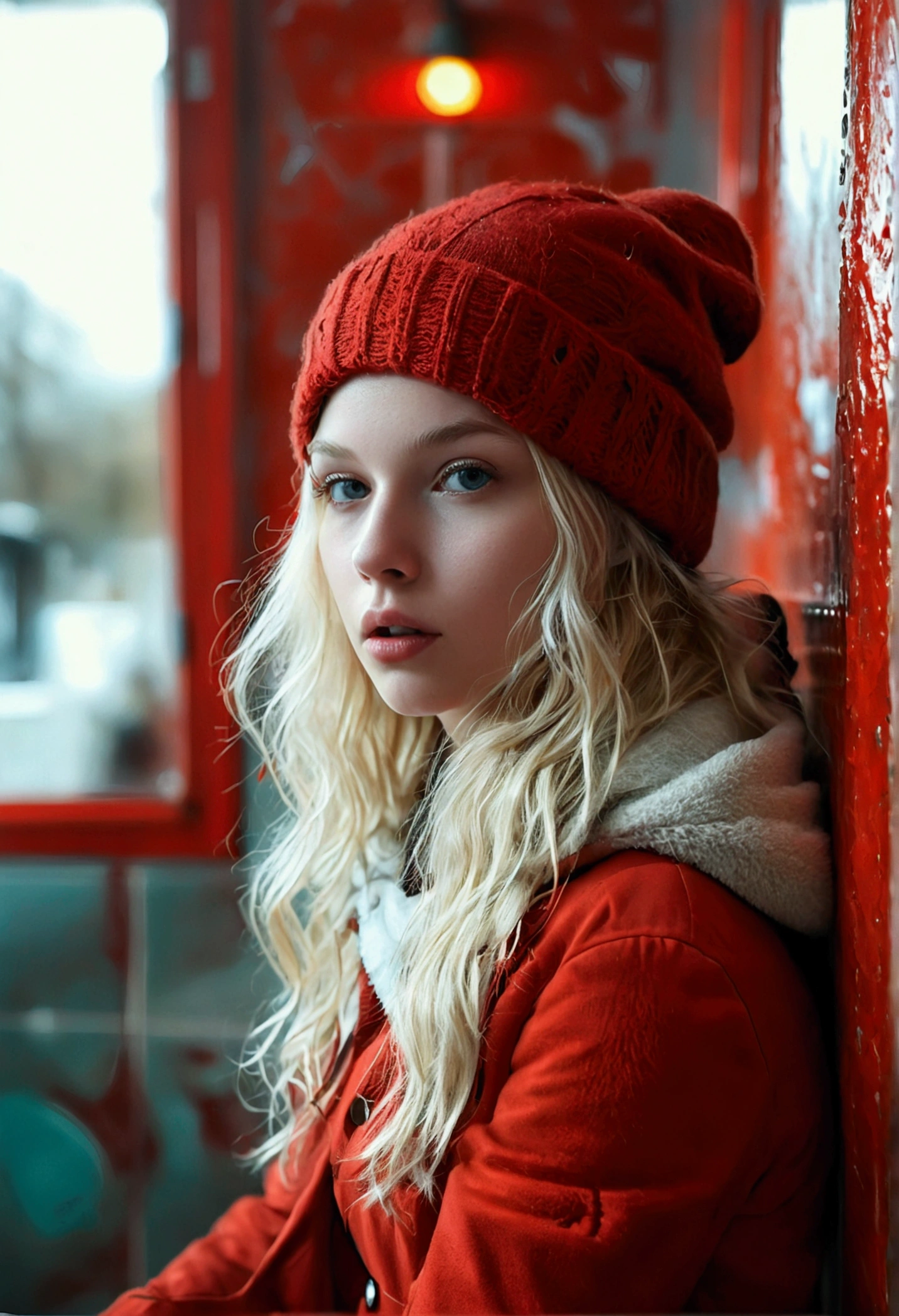 realistic cinematic photo in iphone style of an 20 yo white blonde girl in red linguerie in public toilets with big ass and pretty big
