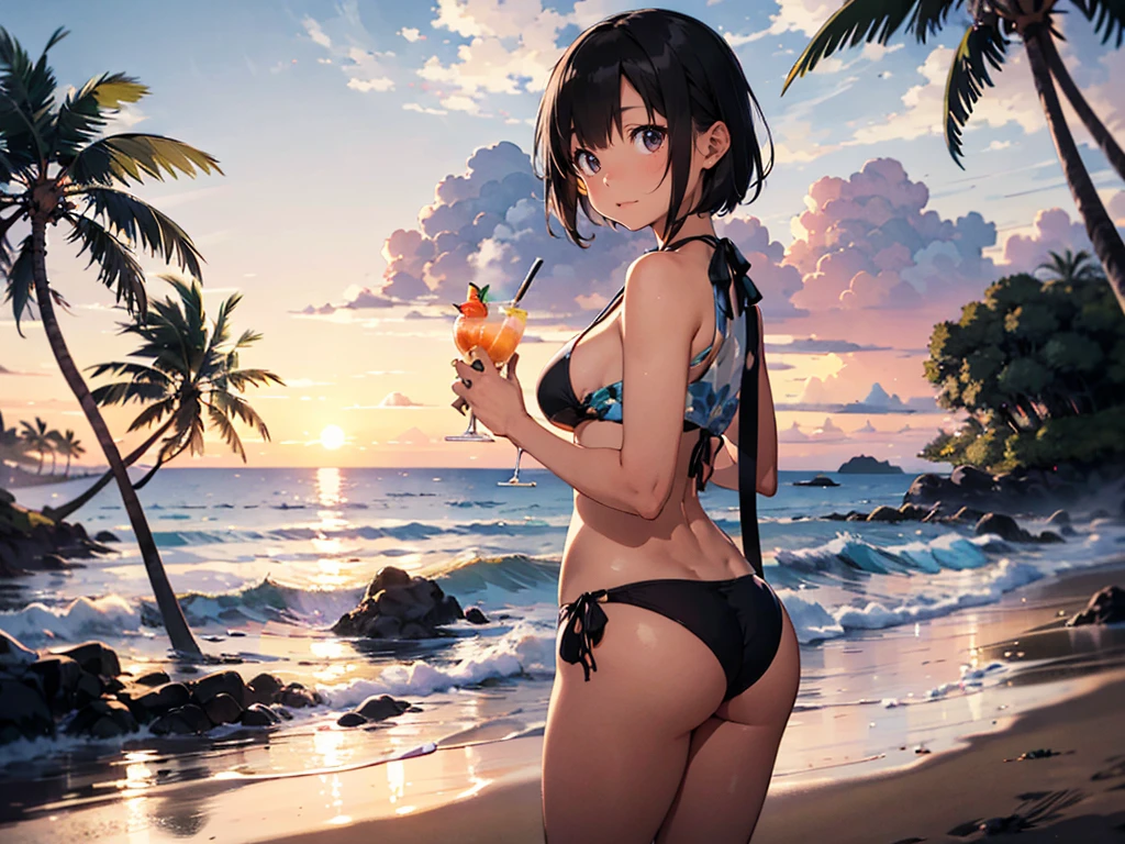 1 Japan，woman，adult，Age 35，Black Hair，short hair，slender，Hawaii，Beach，summer，bikini，Having a cocktail，horizontal line，sunset，Backlight，Palm tree，cumulonimbus