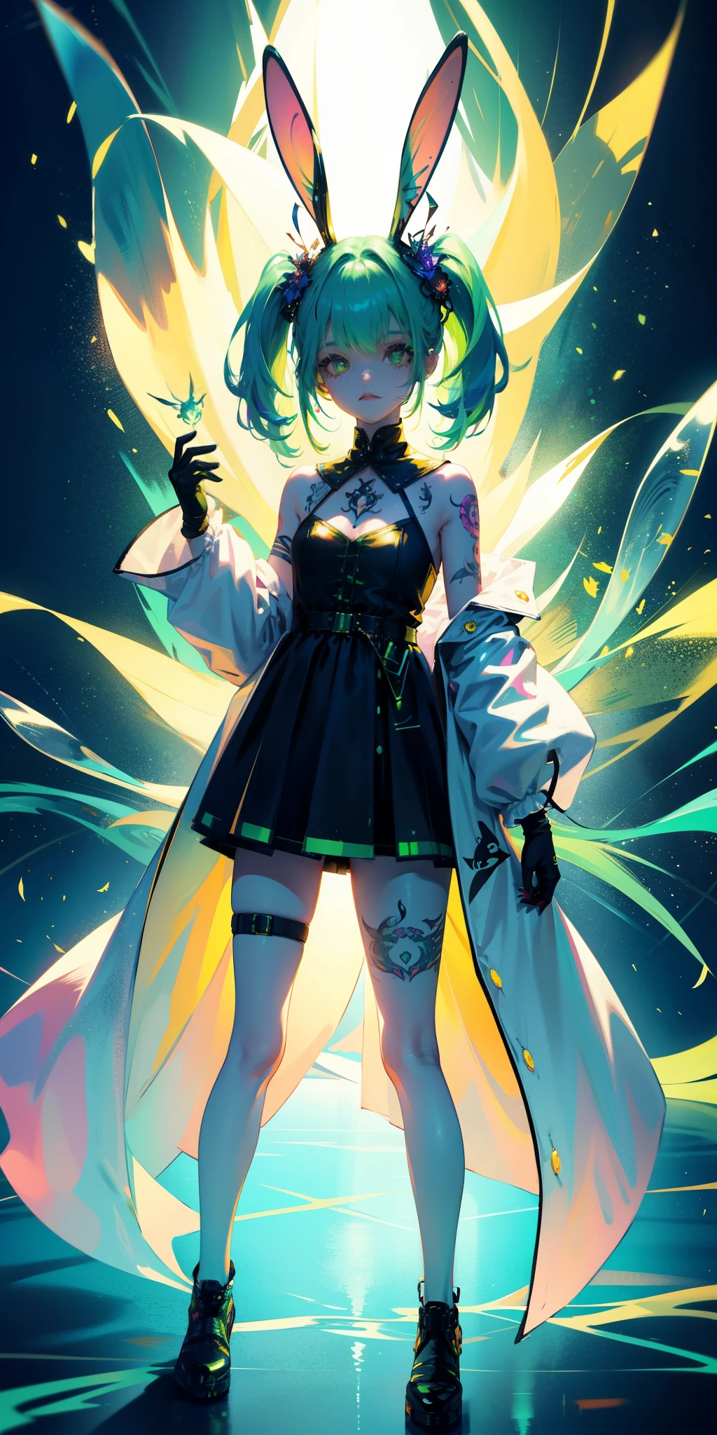 Rabbit technique , Science Fiction, Fluffy , 
1 girl, Tattoo, Glowing tattoo, Glowing eyes, Colorful glowing hair , Full body love, Green Hair,
  Kawaiitech, Soft colors, Kawaii, Lovely colors,